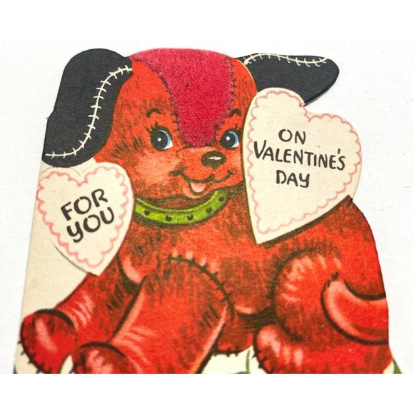 Vintage 1940s Valentine Greeting Card Dog Patchwork Flocked 3 Inch Die Cut - Picture 5 of 5